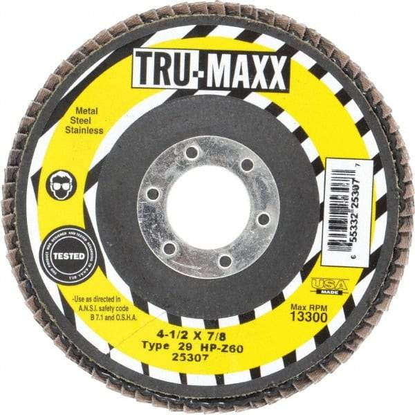 Tru-Maxx - 60 Grit, 4-1/2" Disc Diam, 7/8" Center Hole, Type 29 Zirconia Alumina Flap Disc - 13,300 Max RPM, Arbor Attaching System, Coated - USA Tool & Supply