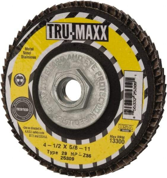 Tru-Maxx - 36 Grit, 4-1/2" Disc Diam, 5/8-11 Center Hole, Type 29 Zirconia Alumina Flap Disc - 13,300 Max RPM, Arbor Attaching System, Coated - USA Tool & Supply