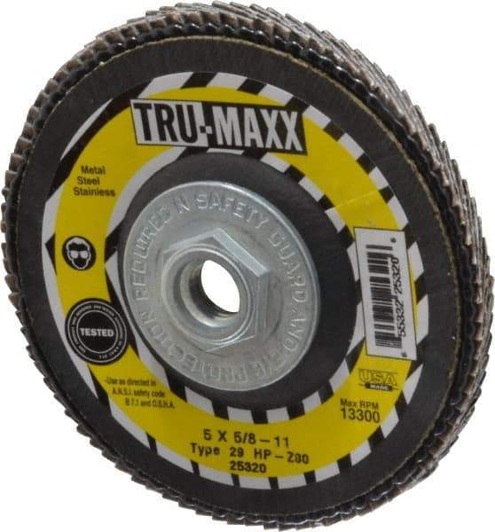 Tru-Maxx - 80 Grit, 5" Disc Diam, 5/8-11 Center Hole, Type 29 Zirconia Alumina Flap Disc - 12,200 Max RPM, Arbor Attaching System, Coated - USA Tool & Supply