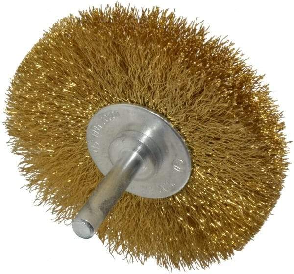 Value Collection - 3" OD, 1/4" Shank Diam, Crimped Brass Wheel Brush - 3/8" Face Width, 7/8" Trim Length, 0.008" Filament Diam, 20,000 RPM - USA Tool & Supply