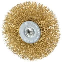 Value Collection - 3" OD, 1/4" Shank Diam, Crimped Brass Wheel Brush - 3/8" Face Width, 7/8" Trim Length, 0.014" Filament Diam, 20,000 RPM - USA Tool & Supply