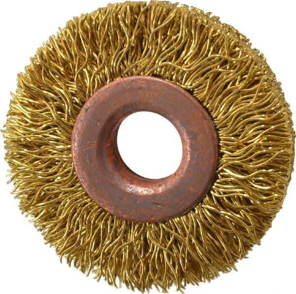Value Collection - 1-1/2" OD, 3/8" Arbor Hole, Crimped Brass Wheel Brush - 5/16" Face Width, 3/8" Trim Length, 0.014" Filament Diam, 20,000 RPM - USA Tool & Supply