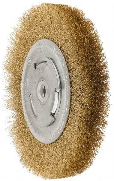 Value Collection - 6" OD, 5/8" Arbor Hole, Crimped Brass Wheel Brush - 1" Face Width, 1-1/8" Trim Length, 0.008" Filament Diam, 6,000 RPM - USA Tool & Supply