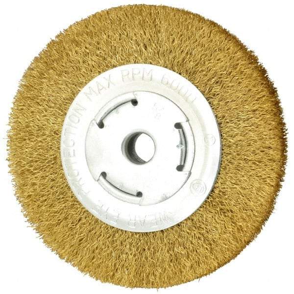 Value Collection - 6" OD, 5/8" Arbor Hole, Crimped Brass Wheel Brush - 1" Face Width, 1-1/8" Trim Length, 0.014" Filament Diam, 6,000 RPM - USA Tool & Supply