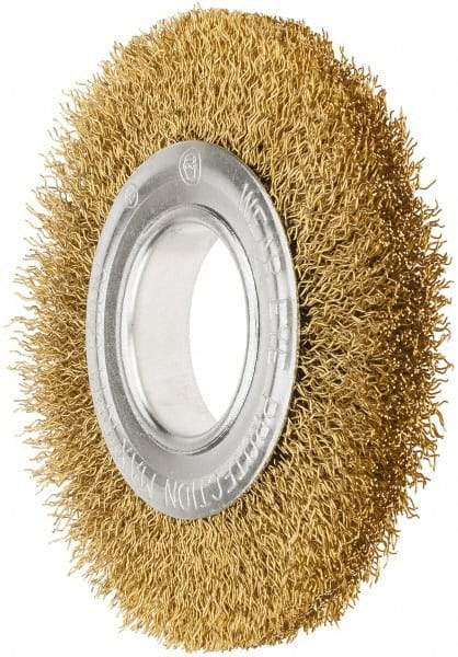 Value Collection - 6" OD, 1/4" Arbor Hole, Crimped Brass Wheel Brush - 7/8" Face Width, 1-1/8" Trim Length, 0.02" Filament Diam, 6,000 RPM - USA Tool & Supply