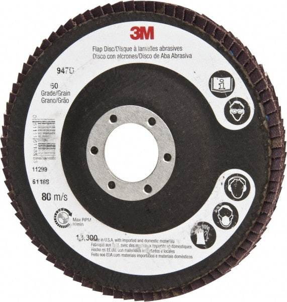3M - 60 Grit, 4-1/2" Disc Diam, 7/8" Center Hole, Type 27 Ceramic Flap Disc - 13,300 Max RPM, Cloth Backing, Arbor Attaching System, Coated - USA Tool & Supply