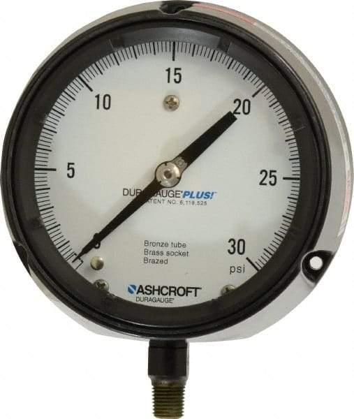 Ashcroft - 4-1/2" Dial, 1/4 Thread, 0-30 Scale Range, Pressure Gauge - Lower Connection, Rear Flange Connection Mount, Accurate to 0.5% of Scale - USA Tool & Supply