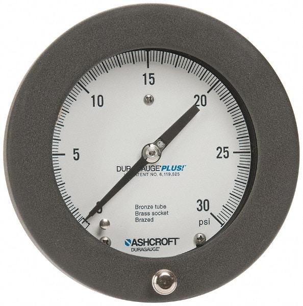 Ashcroft - 4-1/2" Dial, 1/4 Thread, 0-30 Scale Range, Pressure Gauge - Center Back Connection Mount, Accurate to 0.5% of Scale - USA Tool & Supply