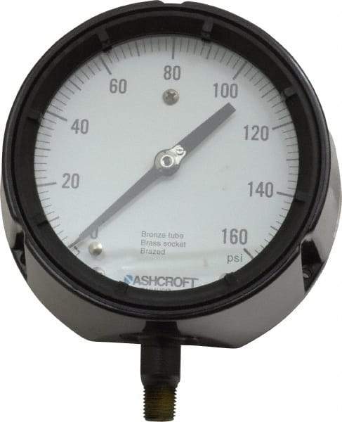 Ashcroft - 4-1/2" Dial, 1/4 Thread, 0-160 Scale Range, Pressure Gauge - Lower Connection, Rear Flange Connection Mount, Accurate to 0.5% of Scale - USA Tool & Supply