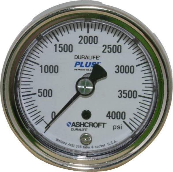 Ashcroft - 2-1/2" Dial, 1/4 Thread, 0-4,000 Scale Range, Pressure Gauge - Center Back Connection Mount, Accurate to 1% of Scale - USA Tool & Supply