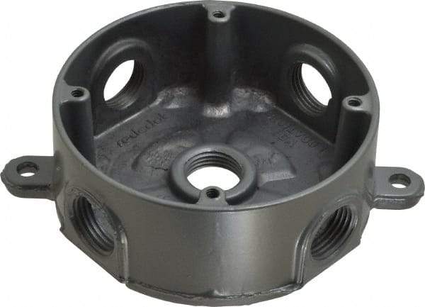 Thomas & Betts - 1 Gang, (5) 1/2" Knockouts, Aluminum Round Outlet Box - 2-7/16" Overall Height x 4-1/8" Overall Width x 1-5/8" Overall Depth, Weather Resistant - USA Tool & Supply