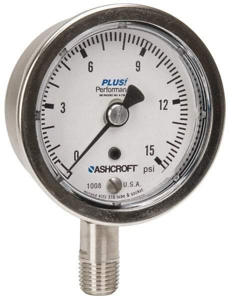 Ashcroft - 2-1/2" Dial, 1/4 Thread, 0-15 Scale Range, Pressure Gauge - Lower Connection Mount, Accurate to 3-2-3% of Scale - USA Tool & Supply