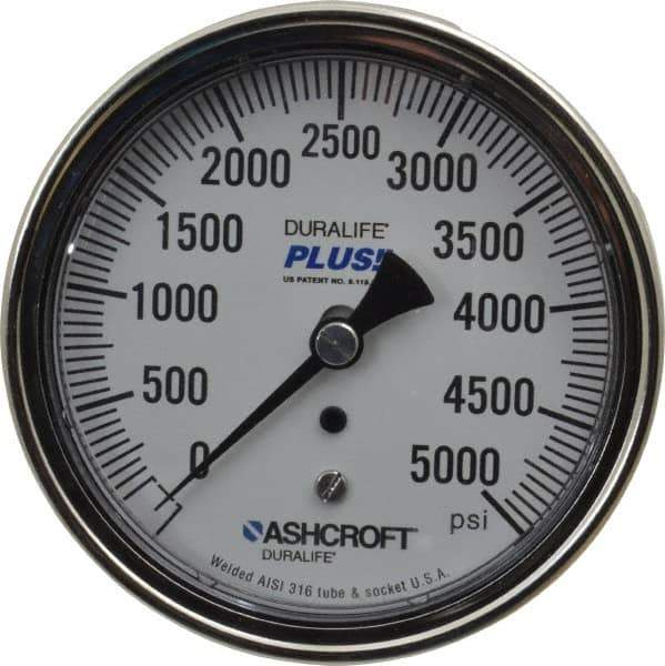Ashcroft - 3-1/2" Dial, 1/4 Thread, 0-5,000 Scale Range, Pressure Gauge - Center Back Connection Mount, Accurate to 1% of Scale - USA Tool & Supply
