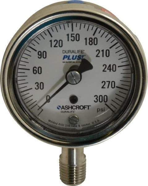 Ashcroft - 2-1/2" Dial, 1/4 Thread, 0-300 Scale Range, Pressure Gauge - Lower Connection Mount, Accurate to 1% of Scale - USA Tool & Supply