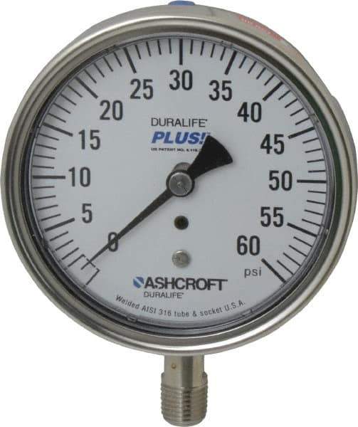 Ashcroft - 3-1/2" Dial, 1/4 Thread, 0-60 Scale Range, Pressure Gauge - Lower Connection Mount, Accurate to 1% of Scale - USA Tool & Supply