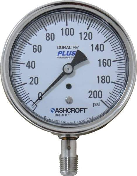Ashcroft - 3-1/2" Dial, 1/4 Thread, 0-200 Scale Range, Pressure Gauge - Lower Connection Mount, Accurate to 1% of Scale - USA Tool & Supply