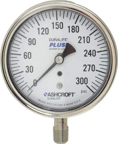 Ashcroft - 3-1/2" Dial, 1/4 Thread, 0-300 Scale Range, Pressure Gauge - Lower Connection Mount, Accurate to 1% of Scale - USA Tool & Supply