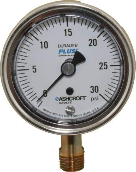Ashcroft - 2-1/2" Dial, 1/4 Thread, 0-30 Scale Range, Pressure Gauge - Lower Connection Mount, Accurate to 1% of Scale - USA Tool & Supply