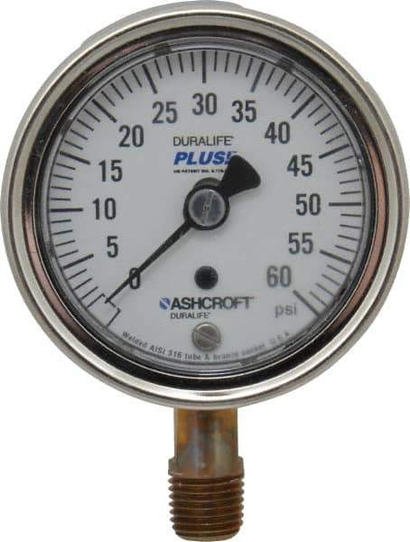 Ashcroft - 2-1/2" Dial, 1/4 Thread, 0-60 Scale Range, Pressure Gauge - Lower Connection Mount, Accurate to 1% of Scale - USA Tool & Supply