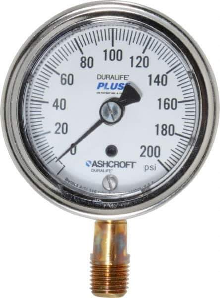 Ashcroft - 2-1/2" Dial, 1/4 Thread, 0-200 Scale Range, Pressure Gauge - Lower Connection Mount, Accurate to 1% of Scale - USA Tool & Supply