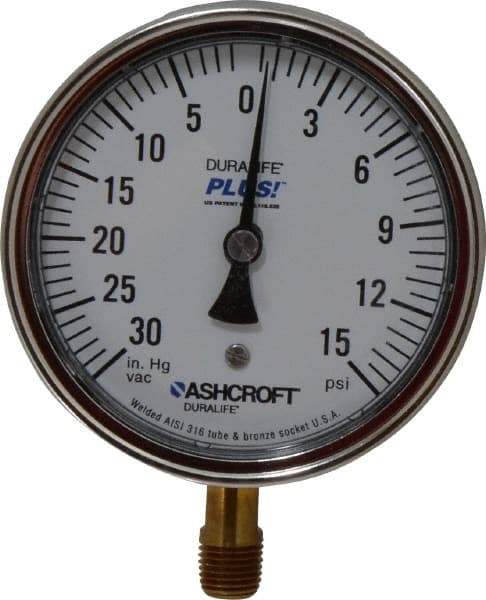 Ashcroft - 3-1/2" Dial, 1/4 Thread, 30-0-15 Scale Range, Pressure Gauge - Lower Connection Mount, Accurate to 1% of Scale - USA Tool & Supply