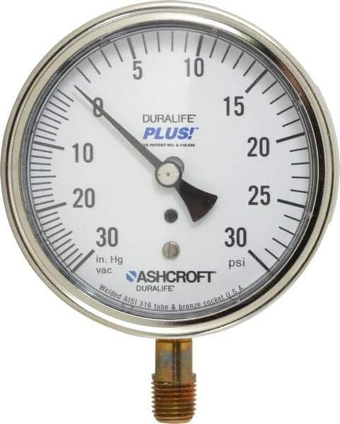 Ashcroft - 3-1/2" Dial, 1/4 Thread, 30-0-30 Scale Range, Pressure Gauge - Lower Connection Mount, Accurate to 1% of Scale - USA Tool & Supply