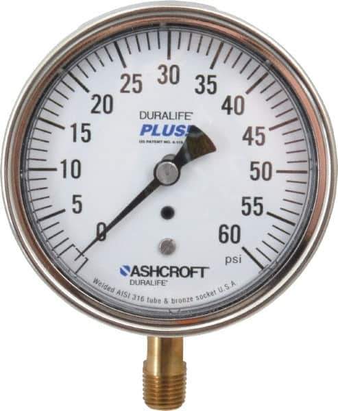 Ashcroft - 3-1/2" Dial, 1/4 Thread, 0-60 Scale Range, Pressure Gauge - Lower Connection Mount, Accurate to 1% of Scale - USA Tool & Supply