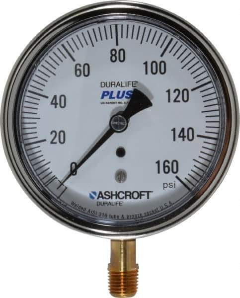 Ashcroft - 3-1/2" Dial, 1/4 Thread, 0-160 Scale Range, Pressure Gauge - Lower Connection Mount, Accurate to 1% of Scale - USA Tool & Supply