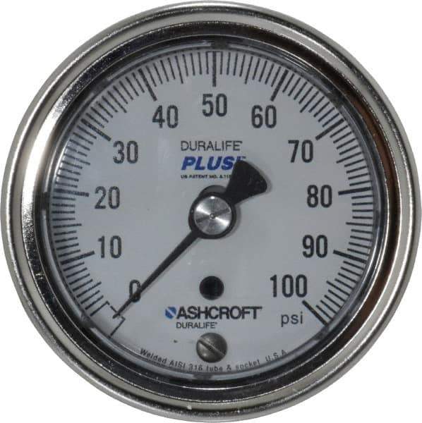 Ashcroft - 2-1/2" Dial, 1/4 Thread, 0-100 Scale Range, Pressure Gauge - Center Back Connection Mount, Accurate to 1% of Scale - USA Tool & Supply