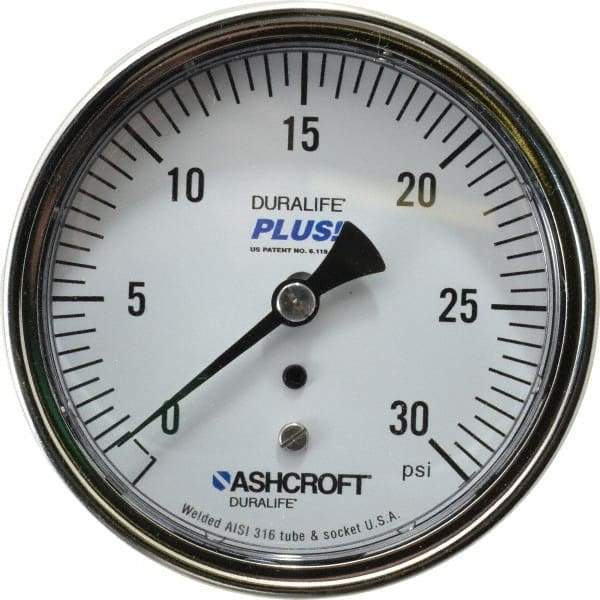 Ashcroft - 3-1/2" Dial, 1/4 Thread, 0-30 Scale Range, Pressure Gauge - Center Back Connection Mount, Accurate to 1% of Scale - USA Tool & Supply