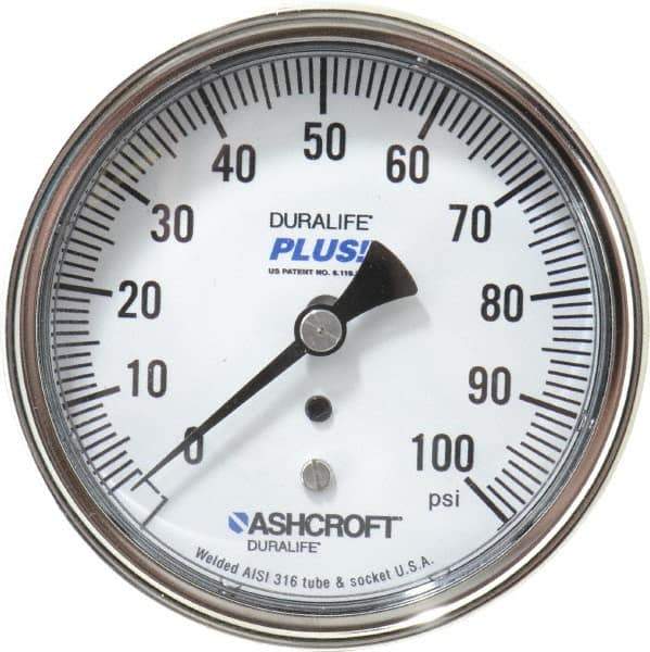 Ashcroft - 3-1/2" Dial, 1/4 Thread, 0-100 Scale Range, Pressure Gauge - Center Back Connection Mount, Accurate to 1% of Scale - USA Tool & Supply