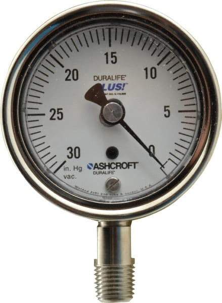 Ashcroft - 2-1/2" Dial, 1/4 Thread, 30-0 Scale Range, Pressure Gauge - Lower Connection Mount, Accurate to 1% of Scale - USA Tool & Supply
