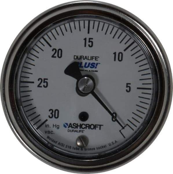 Ashcroft - 2-1/2" Dial, 1/4 Thread, 30-0 Scale Range, Pressure Gauge - Center Back Connection Mount, Accurate to 1% of Scale - USA Tool & Supply