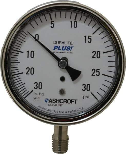 Ashcroft - 3-1/2" Dial, 1/4 Thread, 30-0-30 Scale Range, Pressure Gauge - Lower Connection Mount, Accurate to 1% of Scale - USA Tool & Supply