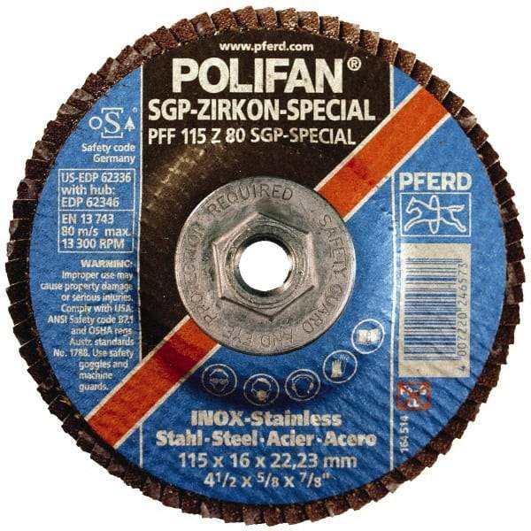 PFERD - 40 Grit, 7" Disc Diam, 5/8-11 Center Hole, Type 29 Zirconia Alumina Flap Disc - 8,600 Max RPM, Fiberglass Backing, Arbor Attaching System, Coated - USA Tool & Supply
