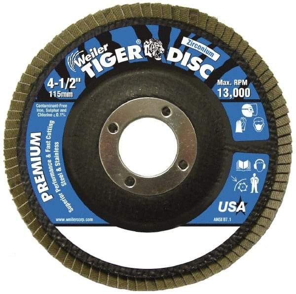 Weiler - 120 Grit, 4-1/2" Disc Diam, 7/8" Center Hole, Type 29 Zirconia Alumina Flap Disc - 13,000 Max RPM, Phenolic Backing, Arbor Attaching System, Coated - USA Tool & Supply