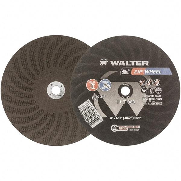 WALTER Surface Technologies - 8" 30 Grit Aluminum Oxide Cutoff Wheel - 1/16" Thick, 5/8" Arbor, 7,600 Max RPM, Use with Circular Saws - USA Tool & Supply