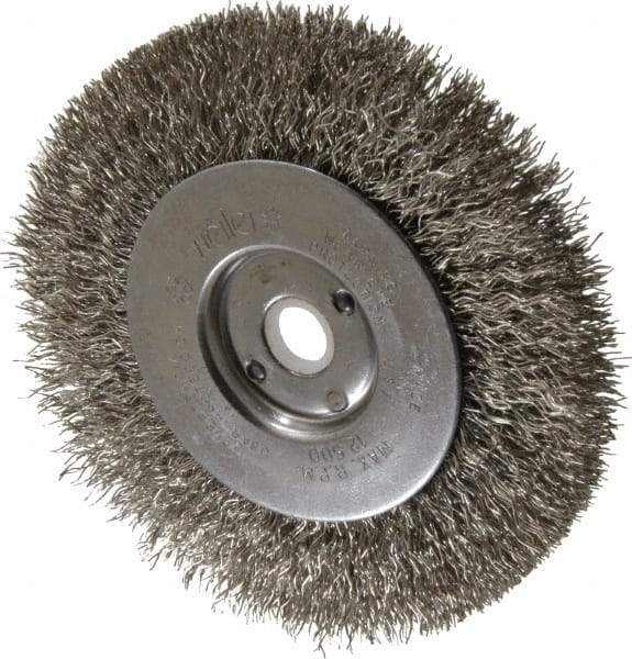 Weiler - 4" OD, 1/2" Arbor Hole, Crimped Stainless Steel Wheel Brush - 1/2" Face Width, 7/8" Trim Length, 0.0118" Filament Diam, 12,500 RPM - USA Tool & Supply