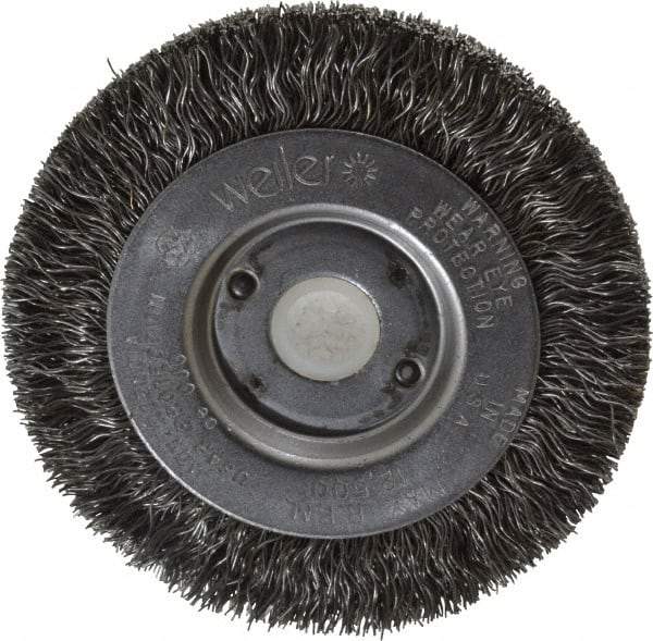 Weiler - 3" OD, 1/2" Arbor Hole, Crimped Steel Wheel Brush - 7/16" Face Width, 1/2" Trim Length, 0.0118" Filament Diam, 12,500 RPM - USA Tool & Supply