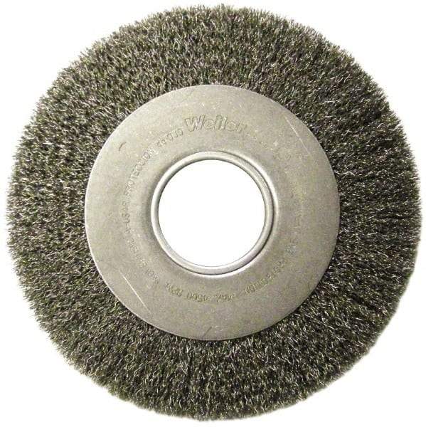Weiler - 10" OD, 2" Arbor Hole, Crimped Steel Wheel Brush - 1-1/8" Face Width, 2" Trim Length, 0.02" Filament Diam, 3,600 RPM - USA Tool & Supply