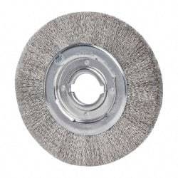 Weiler - 10" OD, 2" Arbor Hole, Crimped Stainless Steel Wheel Brush - 1-1/8" Face Width, 2" Trim Length, 0.0118" Filament Diam, 3,600 RPM - USA Tool & Supply