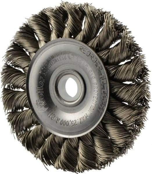 Weiler - 3" OD, 1/2" Arbor Hole, Knotted Stainless Steel Wheel Brush - 3/8" Face Width, 5/8" Trim Length, 0.014" Filament Diam, 25,000 RPM - USA Tool & Supply