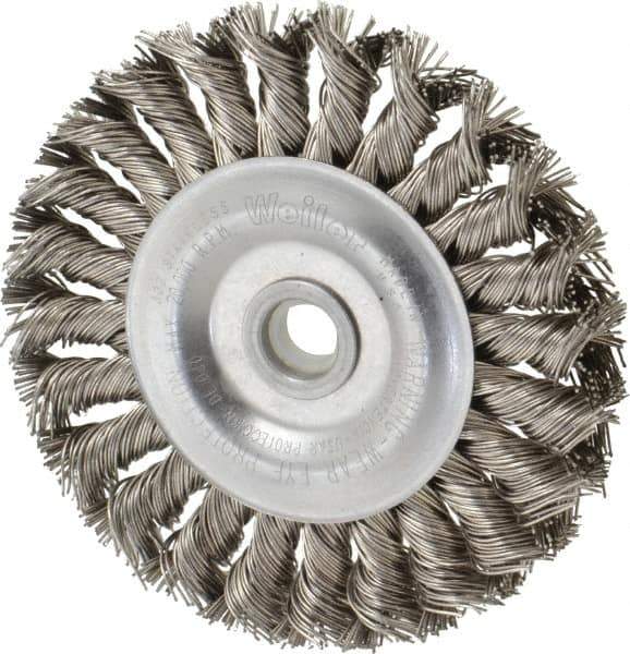 Weiler - 4" OD, 1/2" Arbor Hole, Knotted Stainless Steel Wheel Brush - 1/2" Face Width, 7/8" Trim Length, 0.02" Filament Diam, 20,000 RPM - USA Tool & Supply