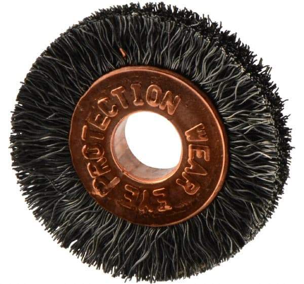 Weiler - 1" OD, 1/4" Arbor Hole, Crimped Steel Wheel Brush - 3/16" Face Width, 1/4" Trim Length, 0.006" Filament Diam, 20,000 RPM - USA Tool & Supply