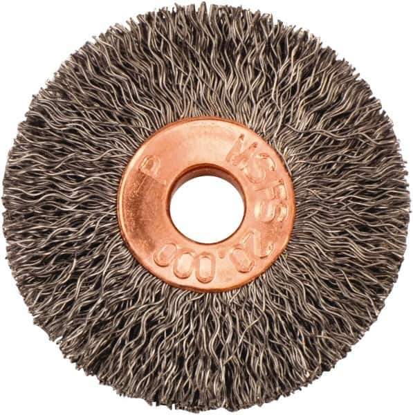 Weiler - 1-3/8" OD, 1/4" Arbor Hole, Crimped Steel Wheel Brush - 1/4" Face Width, 3/8" Trim Length, 0.008" Filament Diam, 20,000 RPM - USA Tool & Supply
