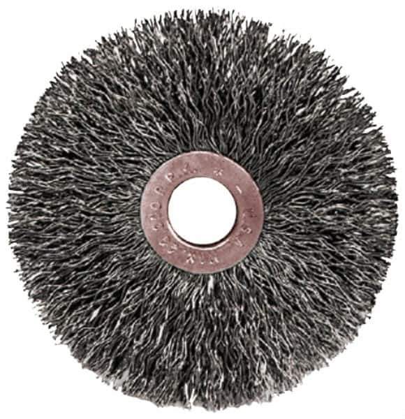 Weiler - 2" OD, 1/2" Arbor Hole, Crimped Steel Wheel Brush - 3/8" Face Width, 1/2" Trim Length, 0.0104" Filament Diam, 20,000 RPM - USA Tool & Supply