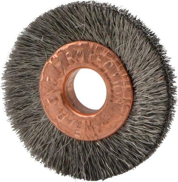Weiler - 1" OD, 1/4" Arbor Hole, Crimped Stainless Steel Wheel Brush - 3/16" Face Width, 1/4" Trim Length, 0.003" Filament Diam, 20,000 RPM - USA Tool & Supply