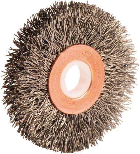 Weiler - 2" OD, 1/2" Arbor Hole, Crimped Stainless Steel Wheel Brush - 3/8" Face Width, 1/2" Trim Length, 0.014" Filament Diam, 20,000 RPM - USA Tool & Supply