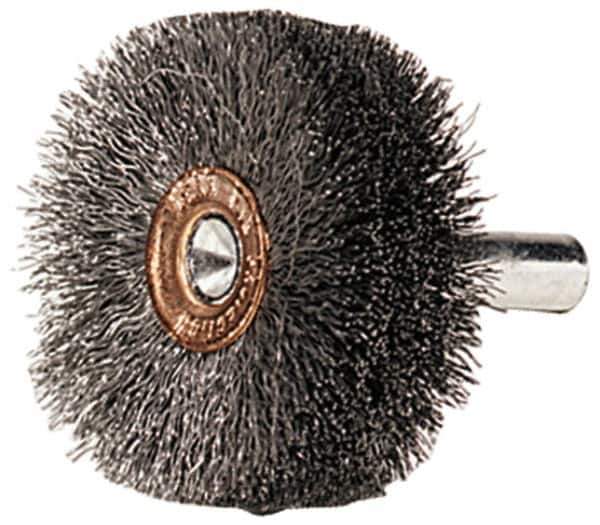 Weiler - 1-1/2" OD, 1/4" Shank Diam, Crimped Steel Wheel Brush - 1/2" Face Width, 1/2" Trim Length, 0.006" Filament Diam, 20,000 RPM - USA Tool & Supply