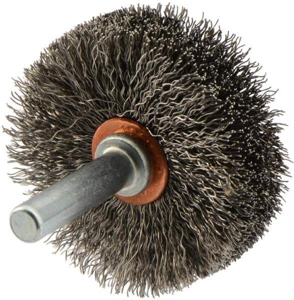 Weiler - 1-3/4" OD, 1/4" Shank Diam, Crimped Stainless Steel Wheel Brush - 1/2" Face Width, 5/8" Trim Length, 0.008" Filament Diam, 20,000 RPM - USA Tool & Supply